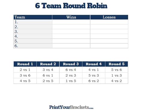 printable  team  robin tournament bracket team schedule league