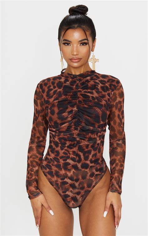 tan leopard print mesh ruched bodysuit tops prettylittlething