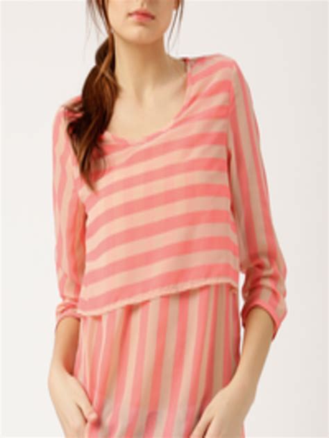 buy    pink beige striped layered loose fit boxy top tops  women  myntra