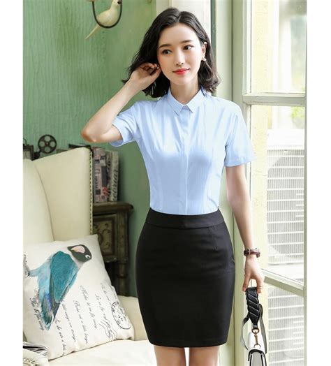 Ladies Light Blue Shirts Women Work Wear Suits 2 Piece Skirt And Top