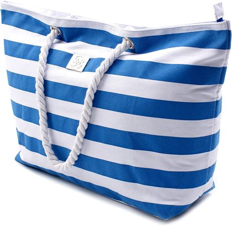 amazoncom large canvas striped beach bag top zipper closure