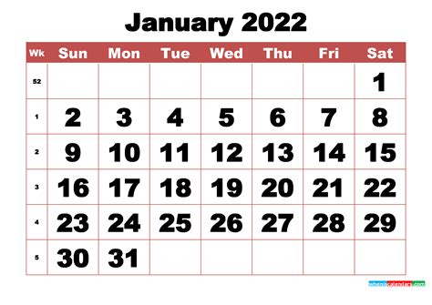 printable january  calendar  week numbers
