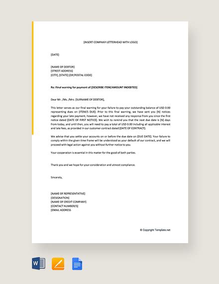 final warning letter  legal action template word google