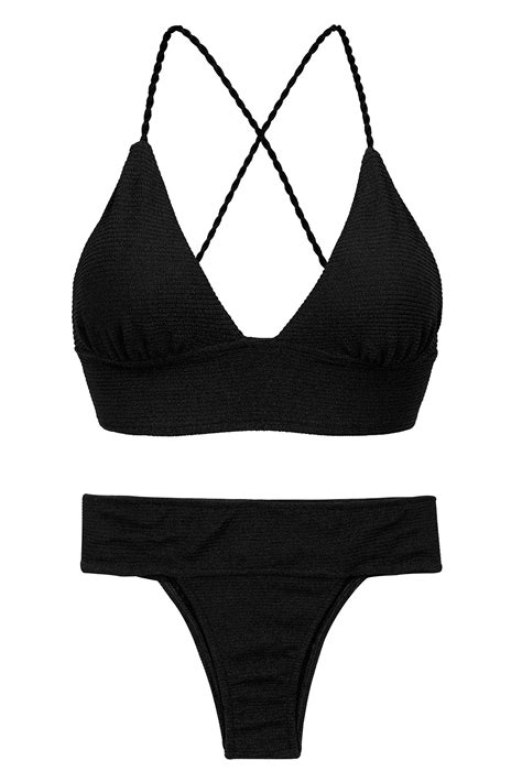 Textured Black Crossed Bralette Bikini Set St Tropez Black Tri Cos
