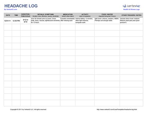 migraine log template   calendar   track   child