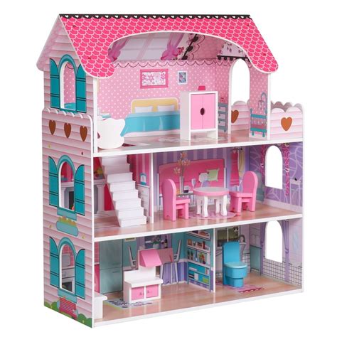 large childrens wooden dollhouse kid house play pink  furniture