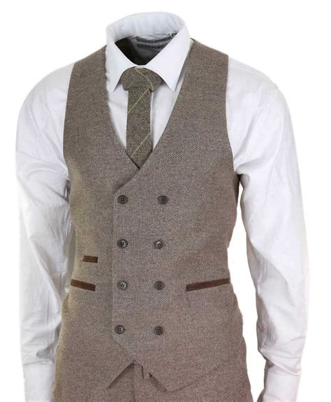 mens oak brown  piece suit  double breasted waistcoat happy gentleman