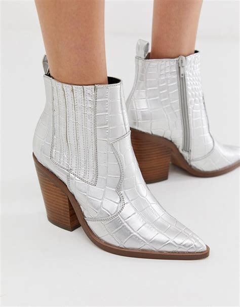 asos leather elliot western boots  silver  metallic lyst