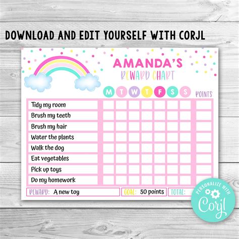 editable rainbow reward chart girls chore chart change  details images   finder