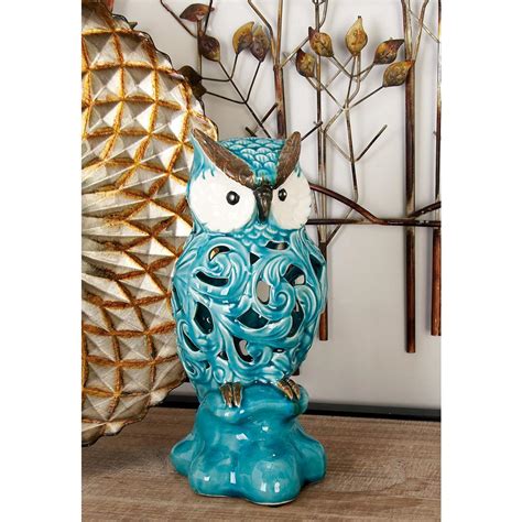 litton lane   ceramic owl decorative figurines  glazed turquoise set