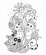 Volwassen Meisje Jongen Wolk Mieren Vectorillustratie Regen Bloemen Vlinder Zon Stockillustratie sketch template