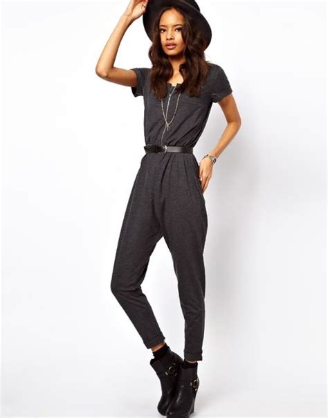 asos collection asos onesie jumpsuit  zip front  gray grey lyst