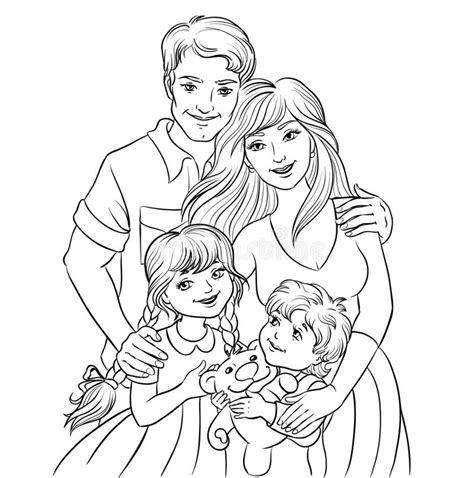 happy family outlined  coloring book stock vector illustration