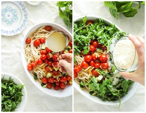summer pasta with burst tomatoes zucchini and arugula live simply