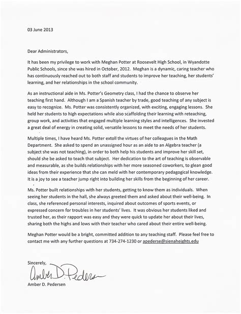 letter  recommendation  teacher colleague sample  template