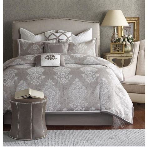 luxury bedding set showcases gorgeous damask ivory  taupe grey