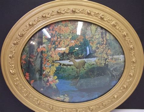 Antique Oval Gold Picture Frame Convex Glass Autum Fall Deer Print