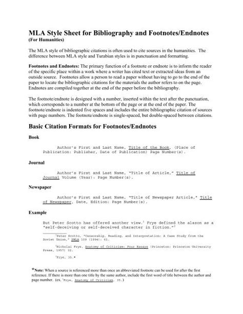 mla style sheet  bibliography  footnotesendnotes