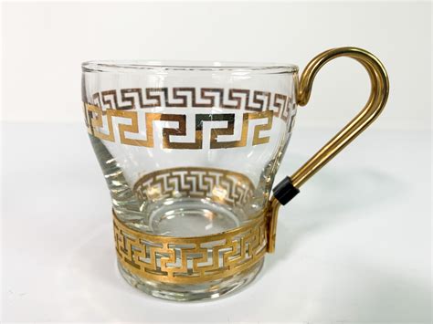 vintage set 6 greek key coffee cups w metal handles six glass retro