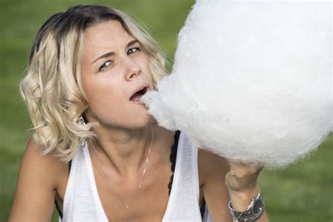 Girl Eating Sweet Cotton Candy Stock Image Image Of Park Generosity
