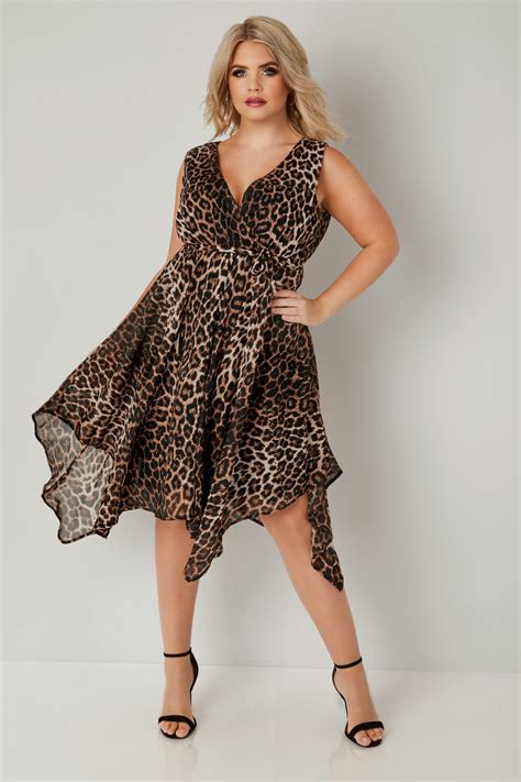 black and tan leopard print wrap dress with hanky hem plus