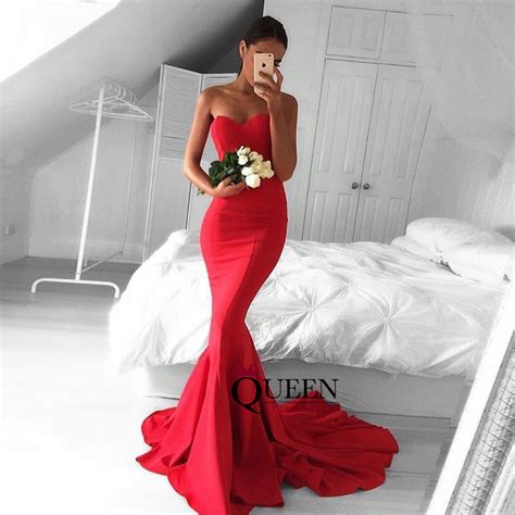 Red Satin Sweetheart Mermaid Sweep Train Long Prom Dress With Backless