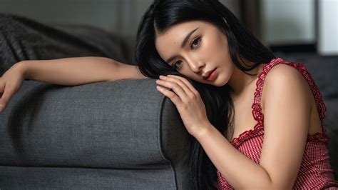 asian model women long hair brunette sitting leaning sensual