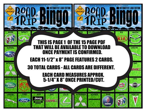 automotive logo road trip bingo  cards travel bingo travel game car