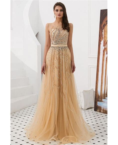 Elegant Champagne Beaded Tulle Evening Dress Long For Woman F018