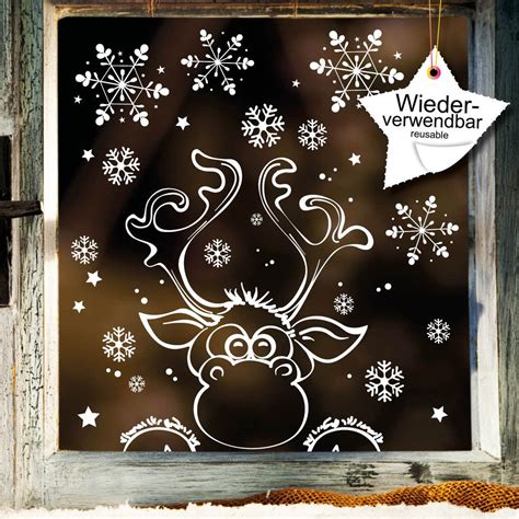 fensterbild elch mit schneeflocken wiederverwendbar decor vitre