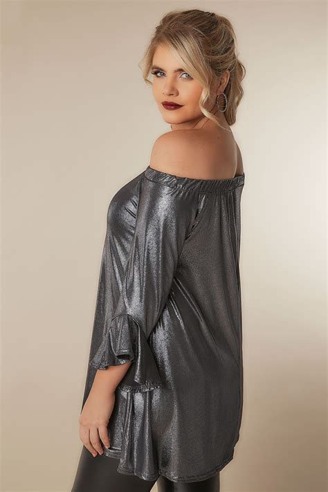 limited collection metallic silver bardot top with flute
