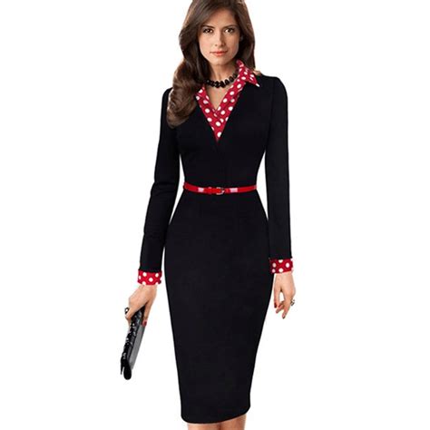 women elegant vintage autumn polka dot turn down collar belted wear to