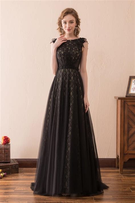 elegant sleeveless black lace tulle long prom dress with belt