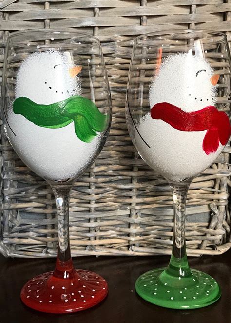 Snowman Wine Glass Set Of 2 Wine Glasses Hand Painted Wine Etsy