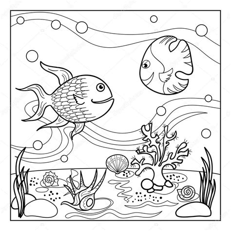 coloring page outline  underwater world  funny fishes shells