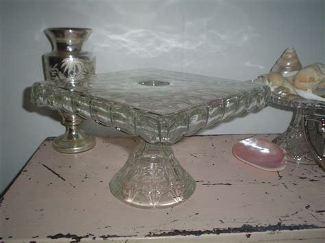 vintage square clear glass cake stand  rum  mint etsy