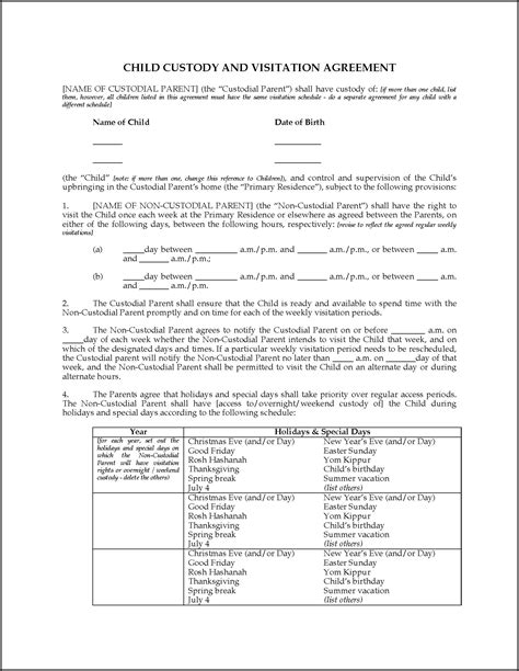 california child custody  visitation agreement template template