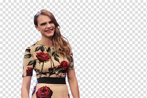 delevingne smiling woman wearing brown  red floral dress