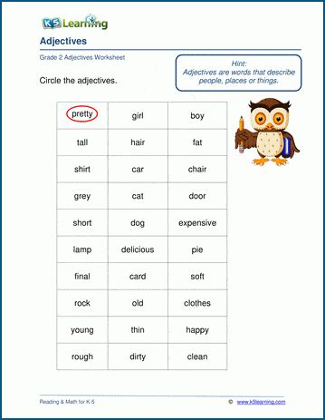 identifying adjectives worksheets  grade   learning