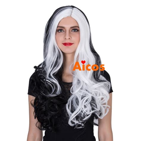 70cm Gothic Punk Mix Black Long Curly Hair Party Wig White Bangs For