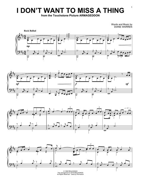 i don t want to miss a thing sheet music aerosmith piano solo