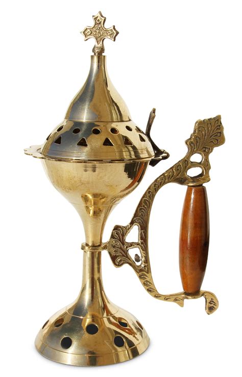 brass incense burner  jerusalem   cross  wooden handle