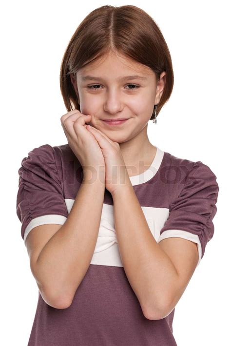 Shy Preteen Girl On The White Stock Image Colourbox