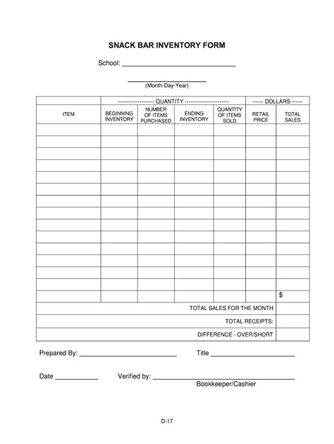 concession stand inventory spreadsheet fill  printable