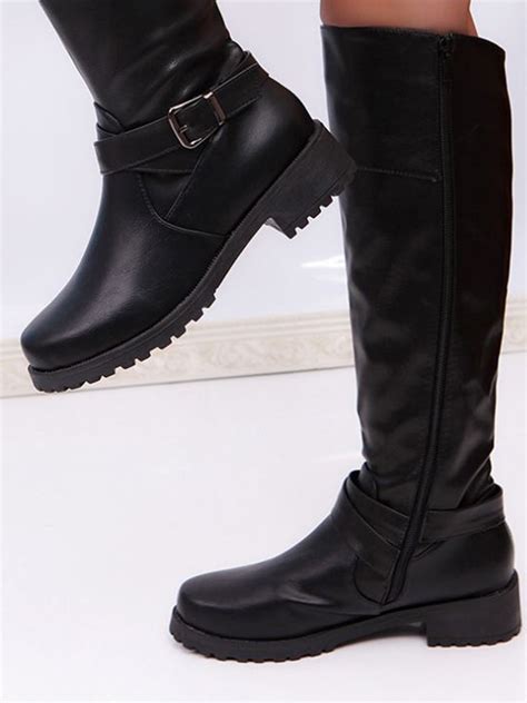 black leather buckle strap knee high boots choies