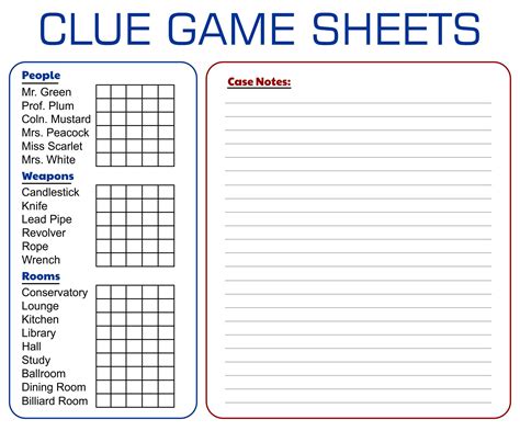 printable board game clue sheets     printablee