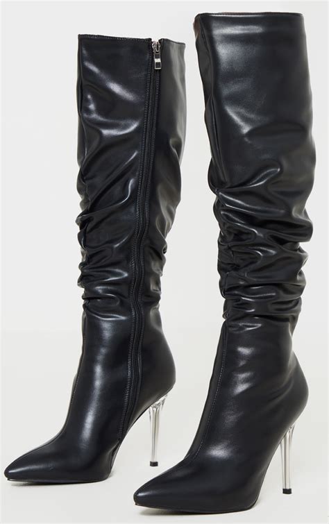 black knee high clear heel square toe slouch boot prettylittlething