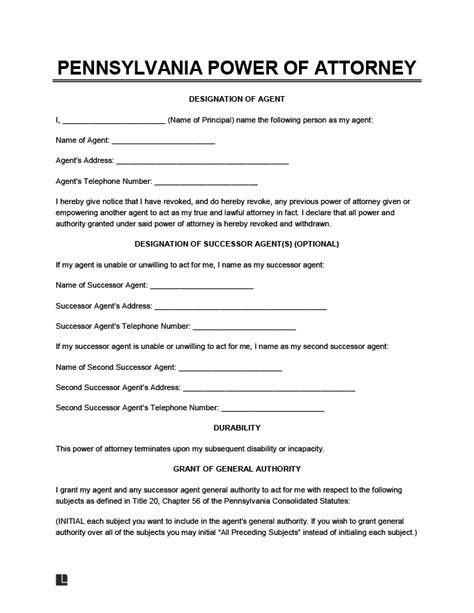 durable power  attorney pa printable form printable forms