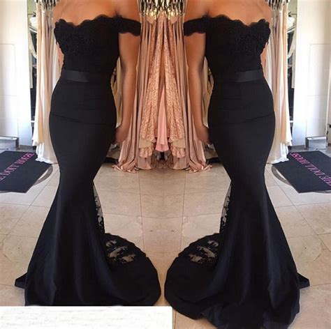 bridesmaid dress 2017 black lace train floor length off shoulder