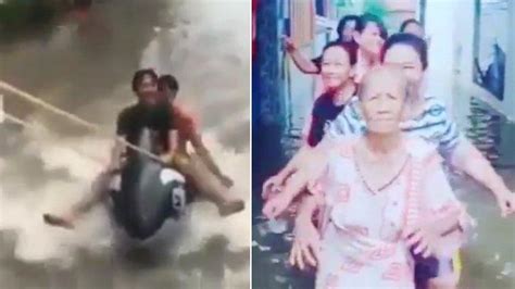 Viral Video Lucu Warga Jakarta Asik Main Banjir Emak Emak
